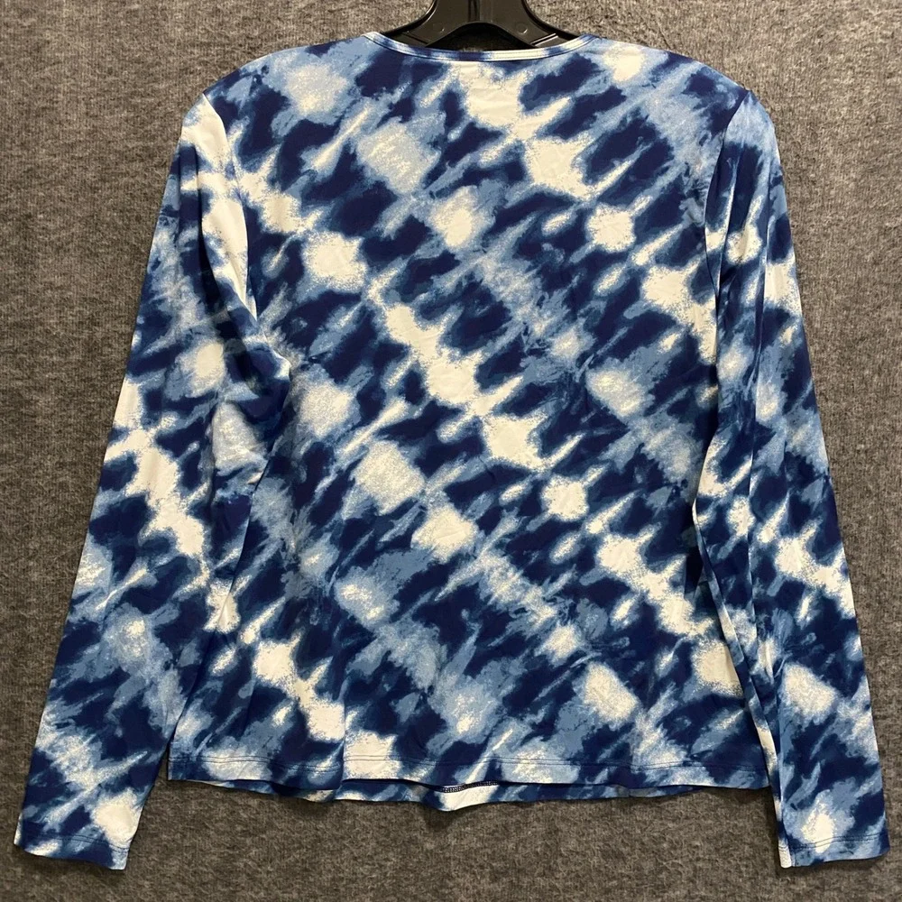 Lands End Swim Top Rash Guard Women M Petite Blue Tie Dye Stretch Beach Vacation